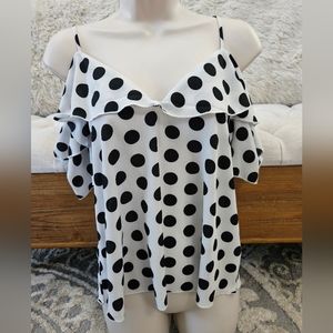 Vivace-Polka Dot Cold Peep Shoulder, Spaghetti string Ruffled Top, Blouse Sz M